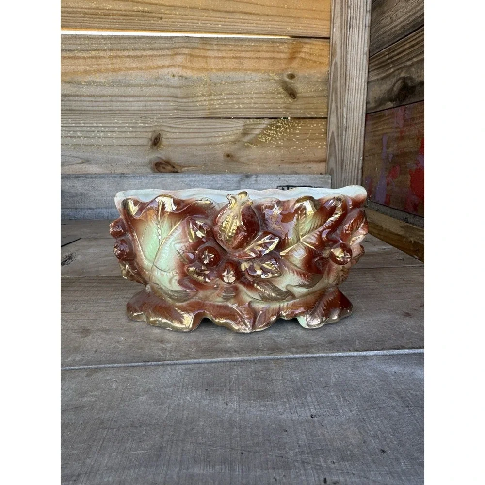 Vintage 40s-50s Ceramic Planter Vase Pomegranate And Leaves Gold Accents Crazing